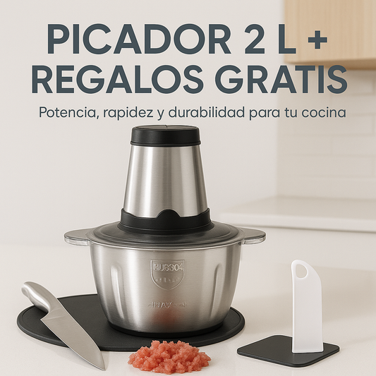 ¡PACK COMPLETO DE COCINA! Molino Picador Eléctrico 2 L + Cuchillo Premium + Almohadilla Antideslizante + Raspador Multiusos