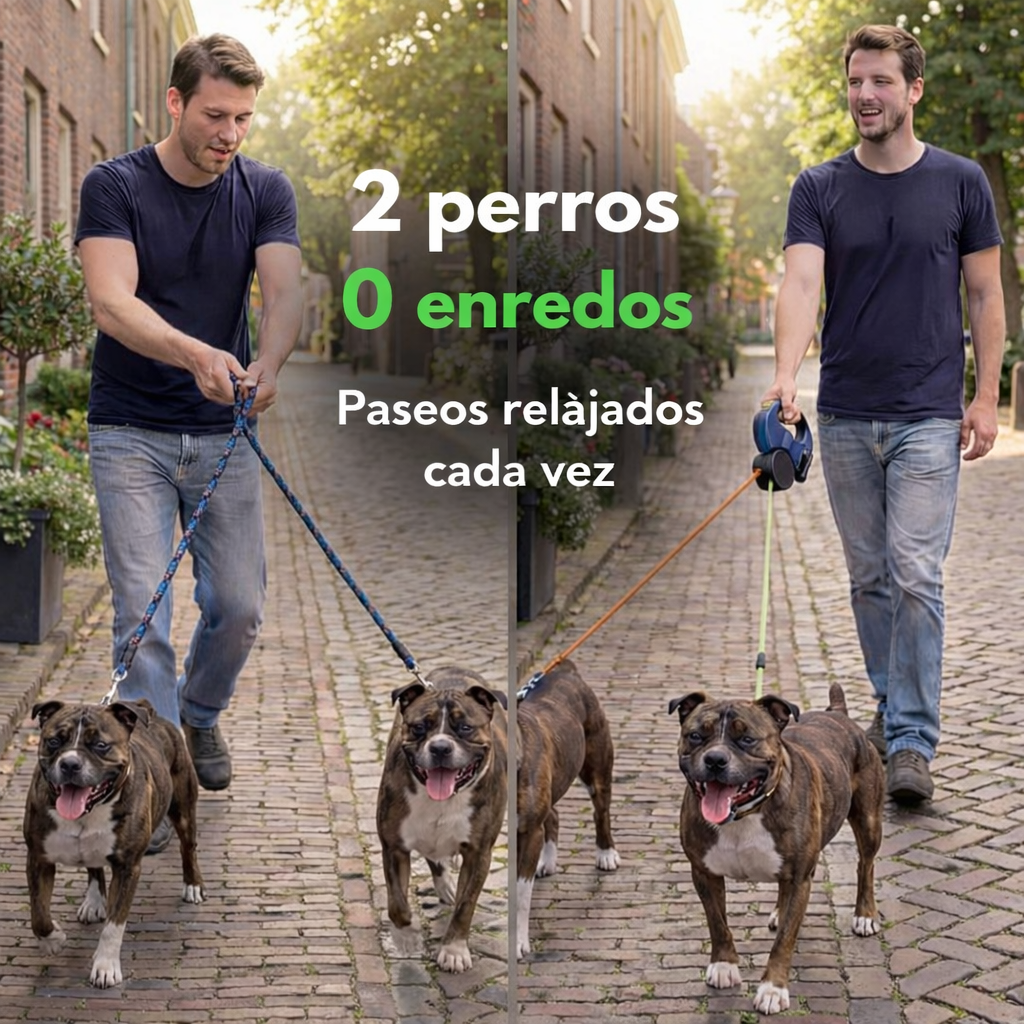 Correa Doble Rectractil Antienredos 360° – Pasea Tus Dos Perros Sin Estrés Ni Nudos