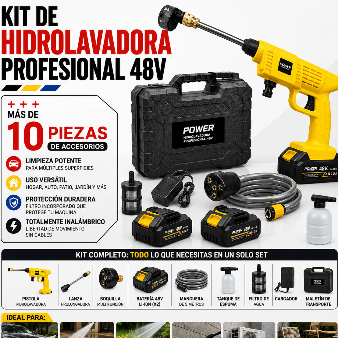 Hidrolavadora Inalámbrica 48V con 2 Baterías + Kit Completo