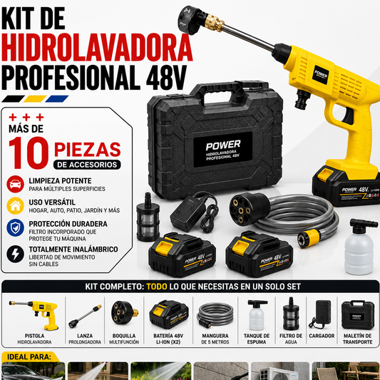 Hidrolavadora Inalámbrica 48V con 2 Baterías + Kit Completo
