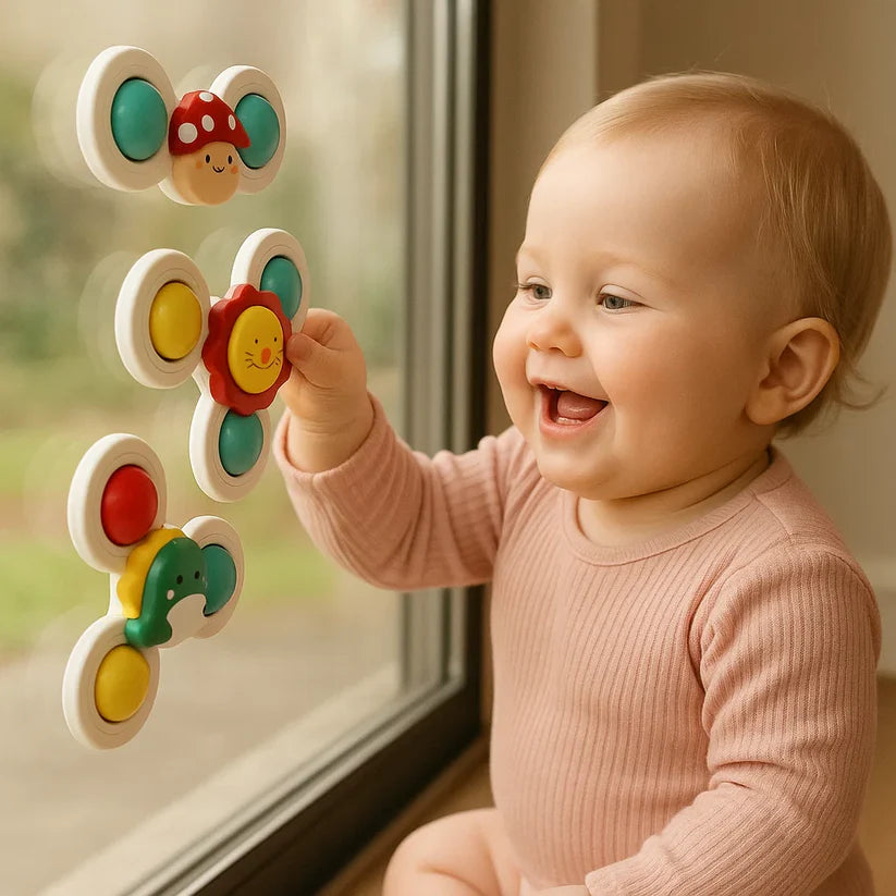 Adorable juego de 3 juguetes con ventosa giratoria para bebés.