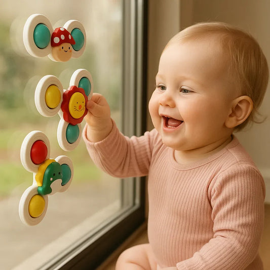 Adorable juego de 3 juguetes con ventosa giratoria para bebés.