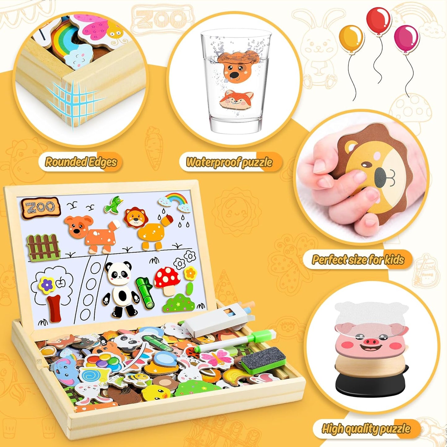 set magnético x100 piezas con temática de granja, animales, números y letras