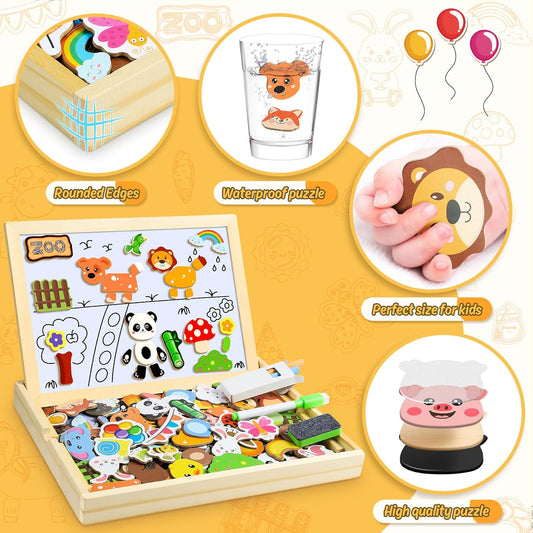 set magnético x100 piezas con temática de granja, animales, números y letras