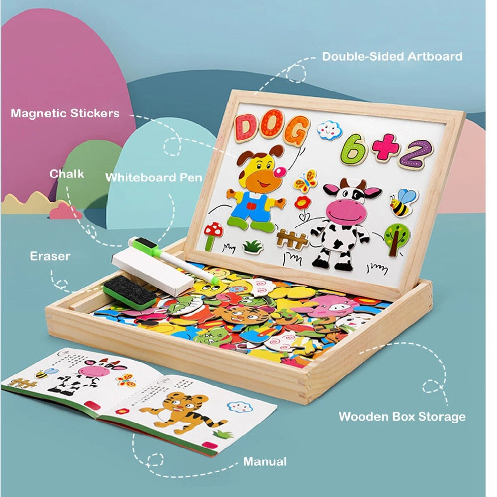 set magnético x100 piezas con temática de granja, animales, números y letras